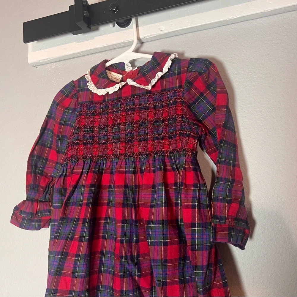 Vintage Laura Ashley Girls Plaid Dress Red Green Size 12 Months Peter Pan Collar
